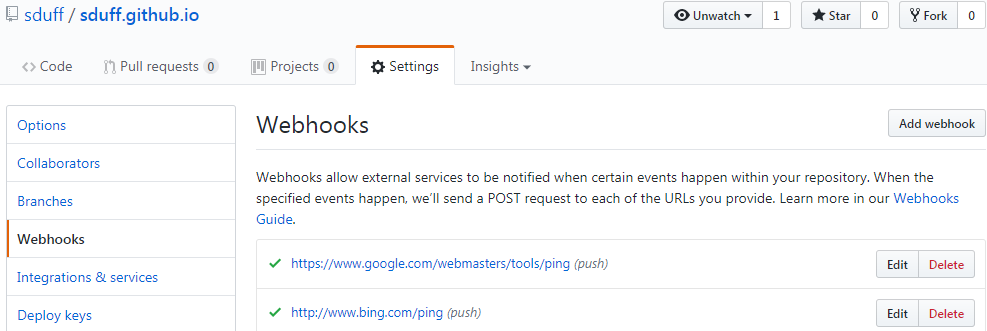 GitHub Settings Webhooks